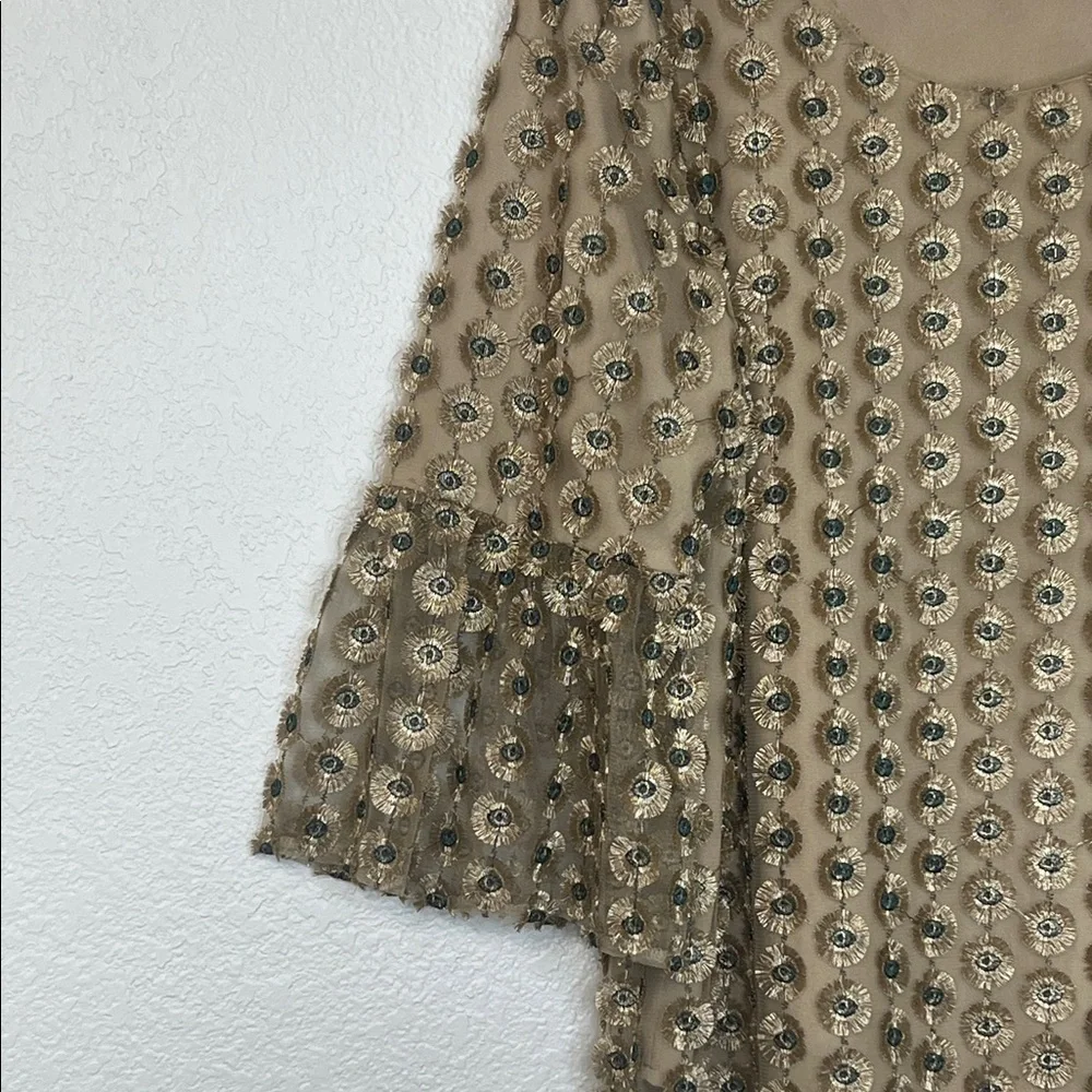 Calvin Klein Top Gold and Blue Overlay Gorgeous Bell Sleeve Special Occasion L - Picture 3 of 6